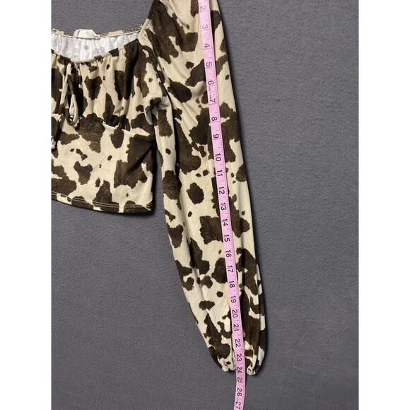 Altar’d States Crop Top Womens Small Brown Ivory Cow Print Long Sleeve Boho Y2K - Picture 5 of 8